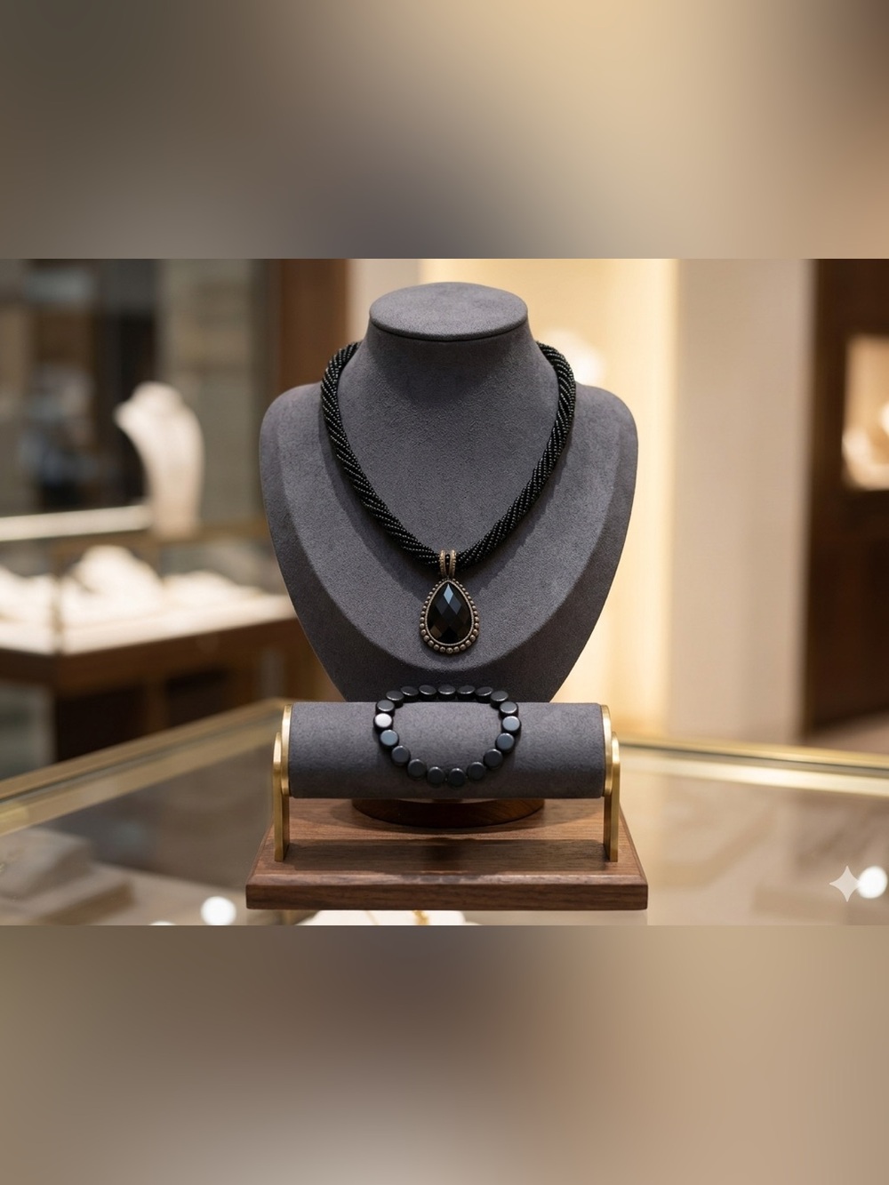 🌸 Vintage Black Teardrop Pendant Necklace with Braided Bead Cord and Bracelet 🌸